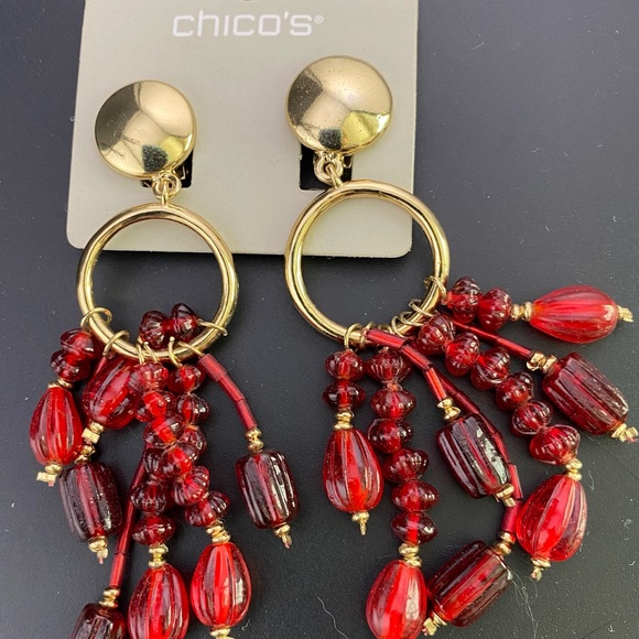 Chico's Jewelry Chicos Clip Earrings New On Card Gold Tone With Red